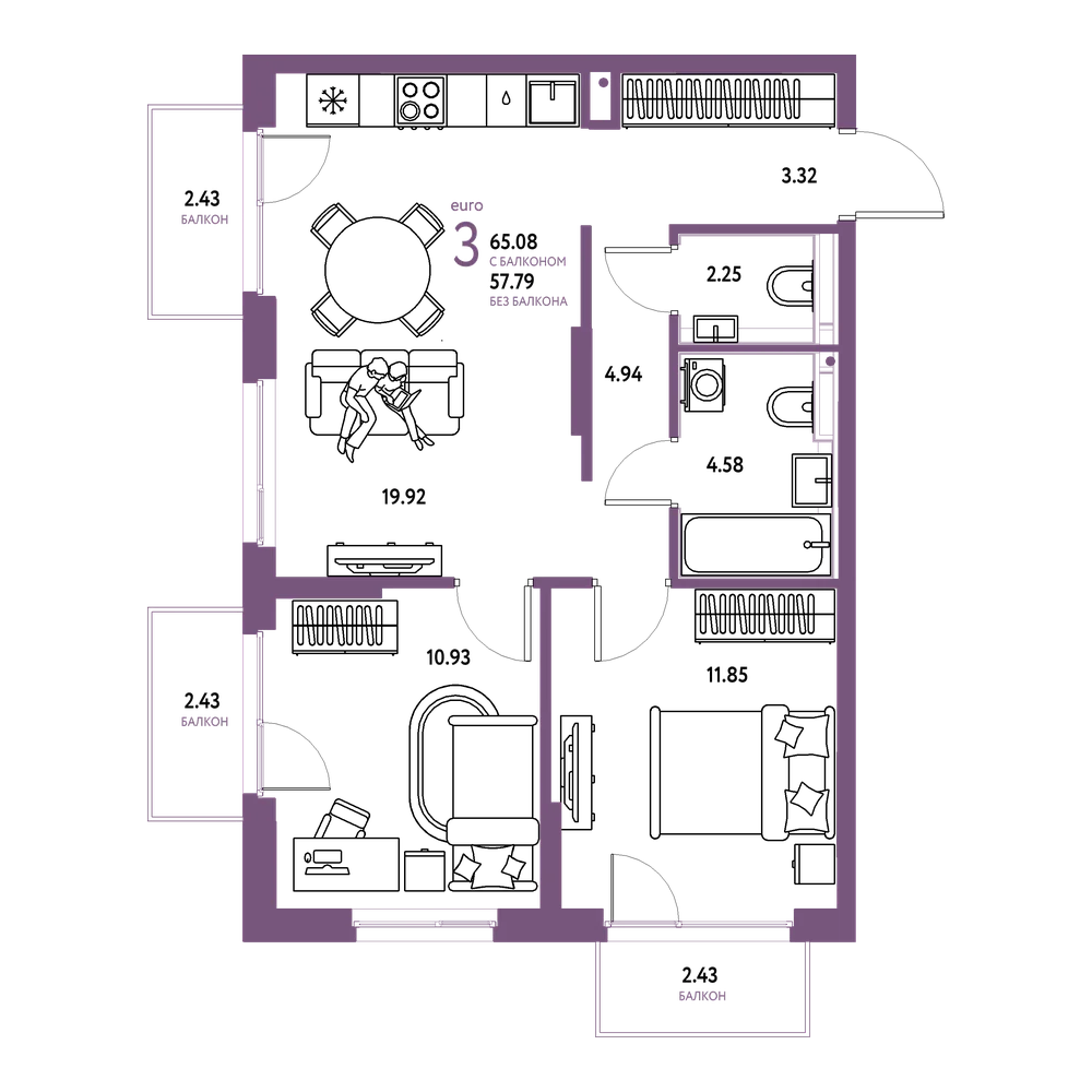 Планировка: Евротрёшка 65,08 м²