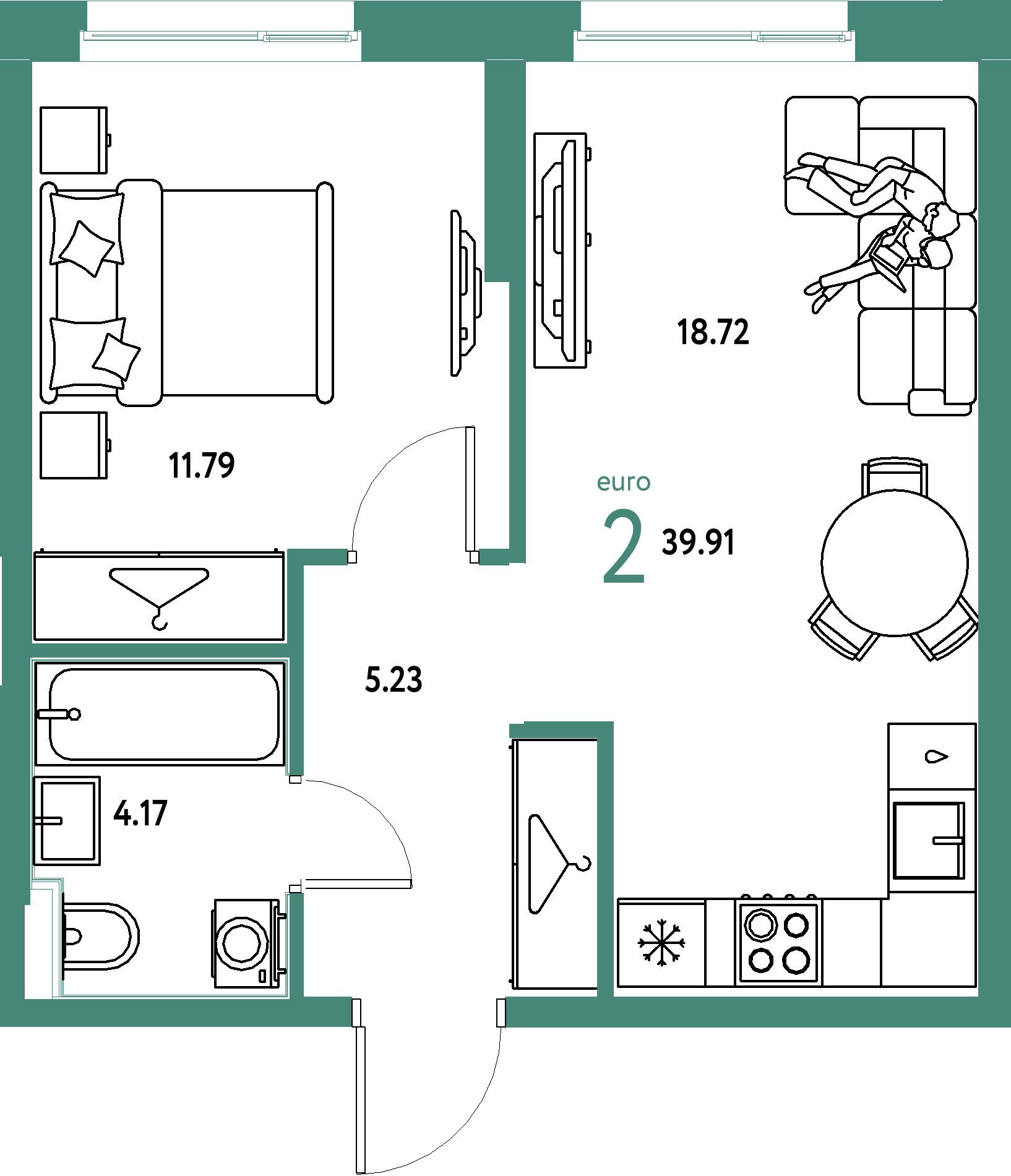 Планировка: Евродвушка 39,91 м² в ЖК «Европейский берег 2.0»