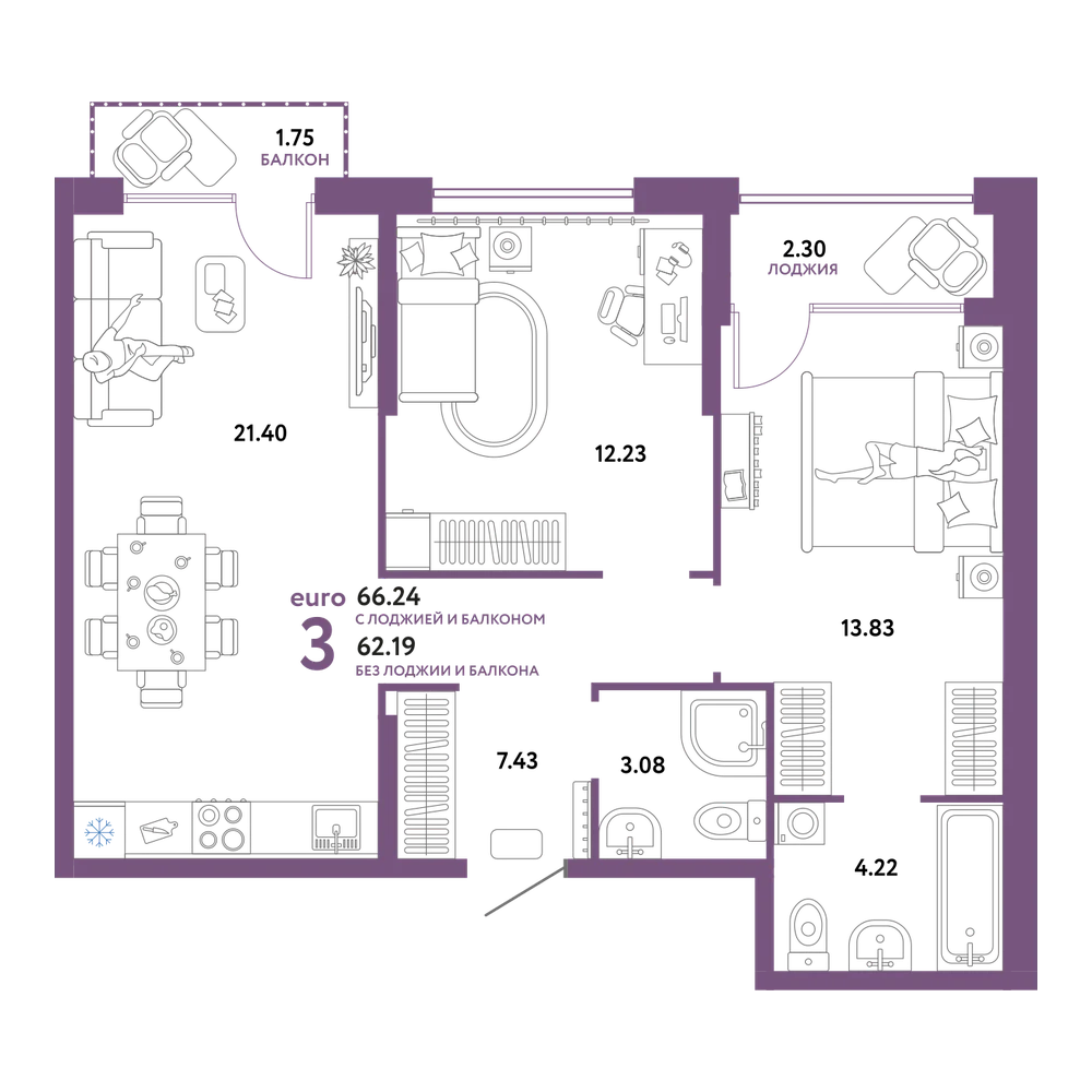 Планировка: Евротрёшка 65 м²