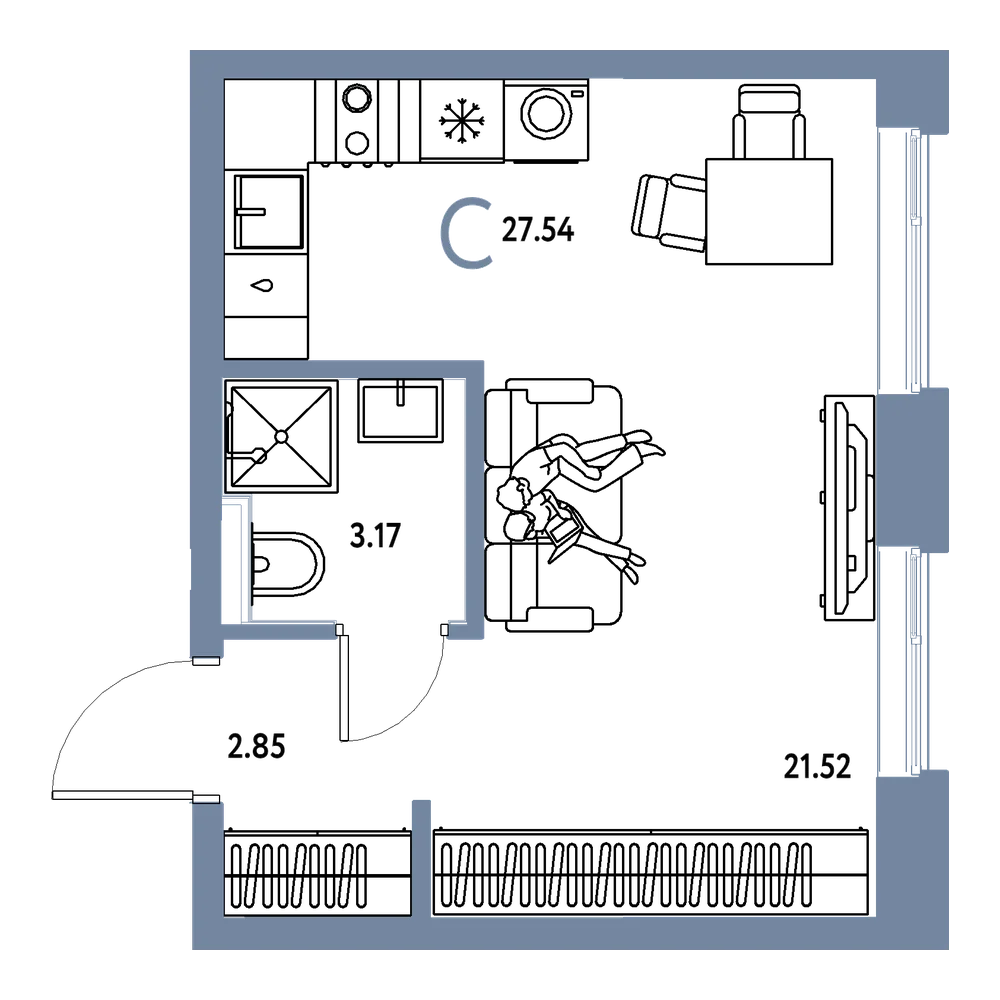 Планировка: Студия 27,54 м²