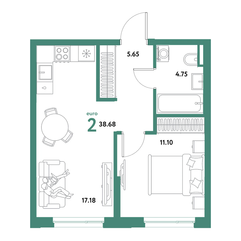 Планировка: Евродвушка 38,68 м²