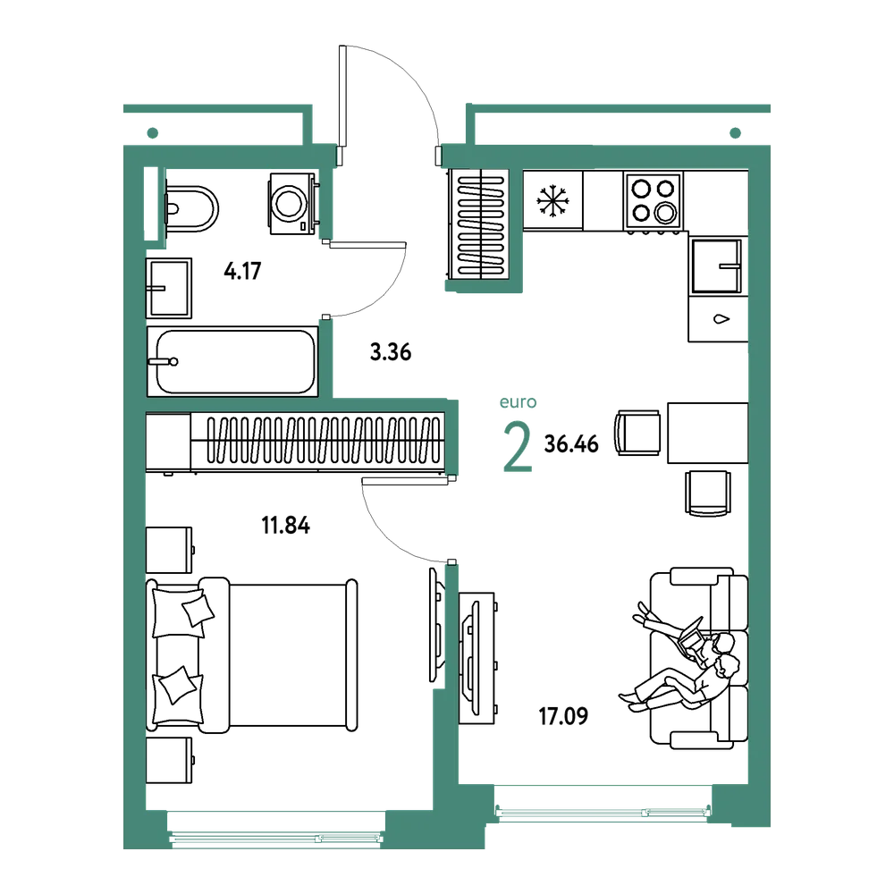 Планировка: Евродвушка 36,46 м²