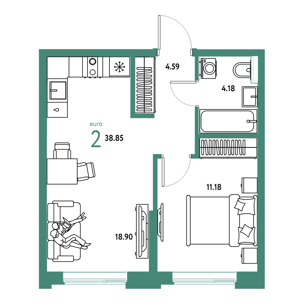 Планировка: Евродвушка 38,83 м²