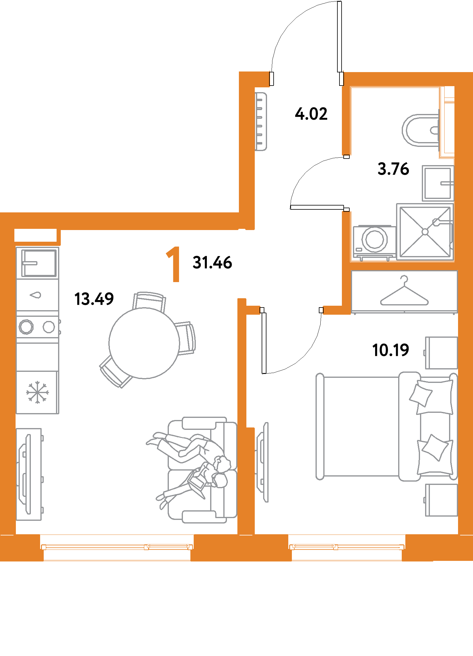 Планировка: 1-комнатная 31,46 м² в ЖК «Остров-сад»