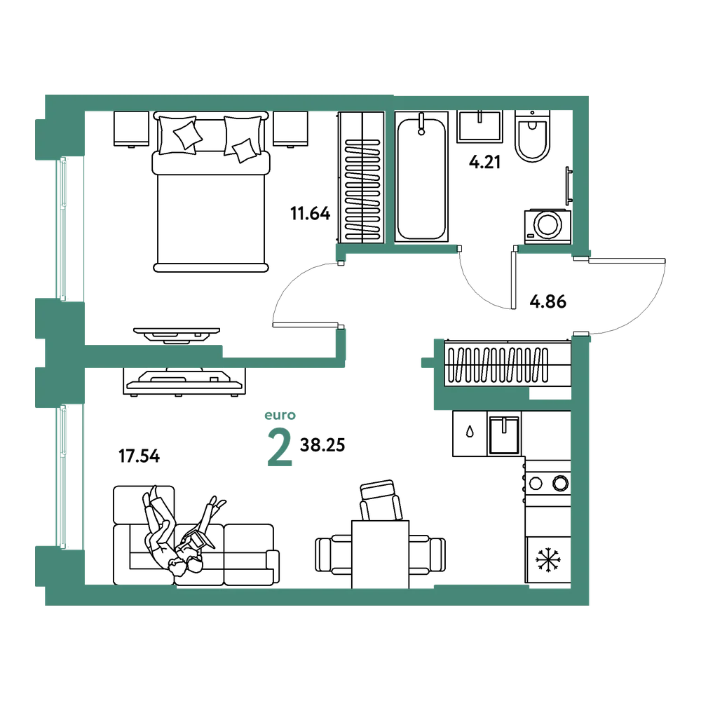 Планировка: Евродвушка 38,25 м²