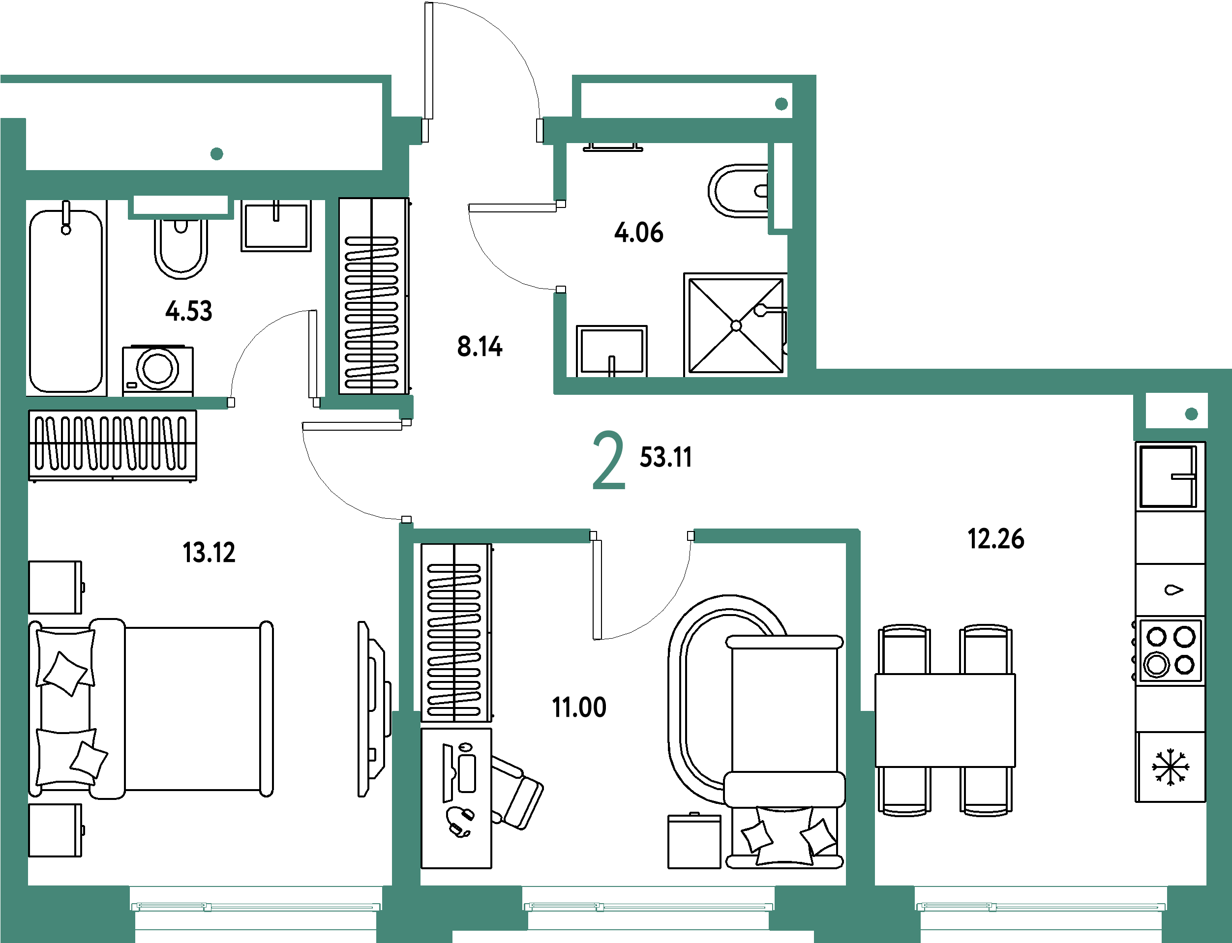 Планировка: 2-комнатная 53,11 м² в ЖК «Авторский»