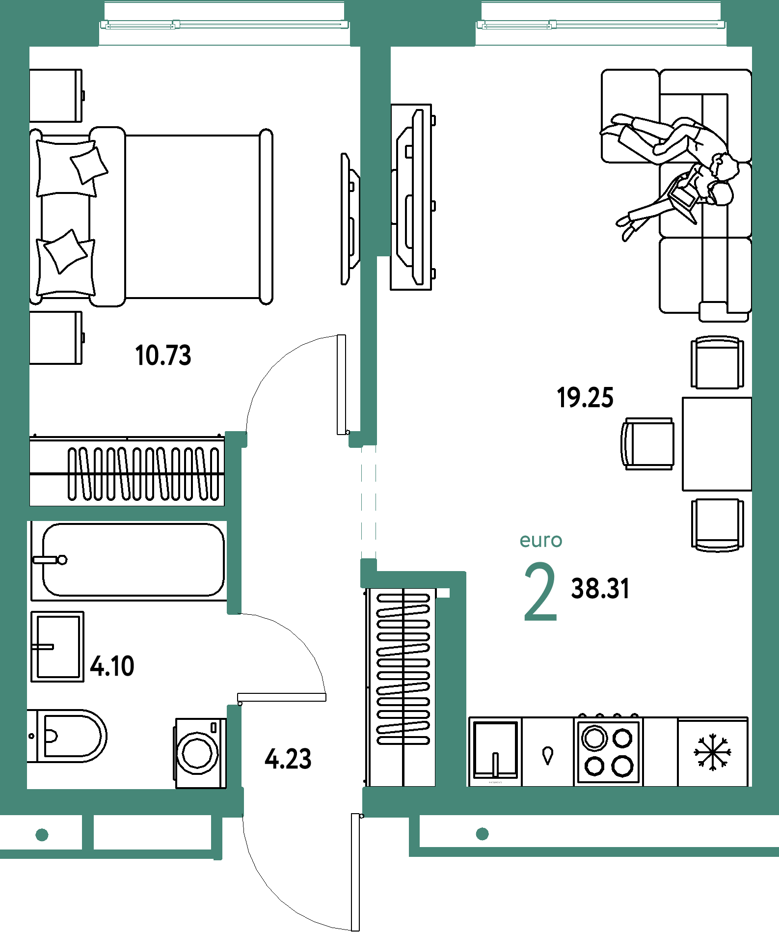 Планировка: Евродвушка 38,31 м² в ЖК «Домашний»