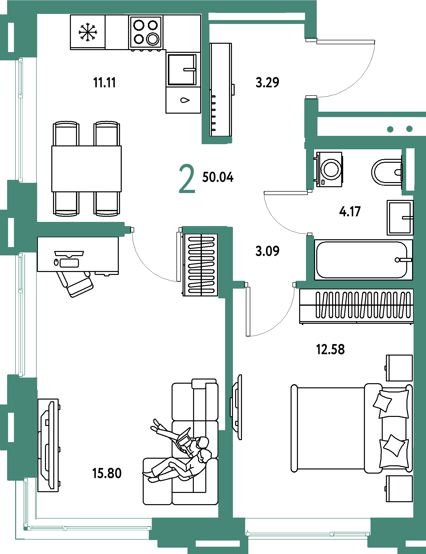 Планировка: 2-комнатная 50,04 м² в ЖК «Страна.Прибрежная»