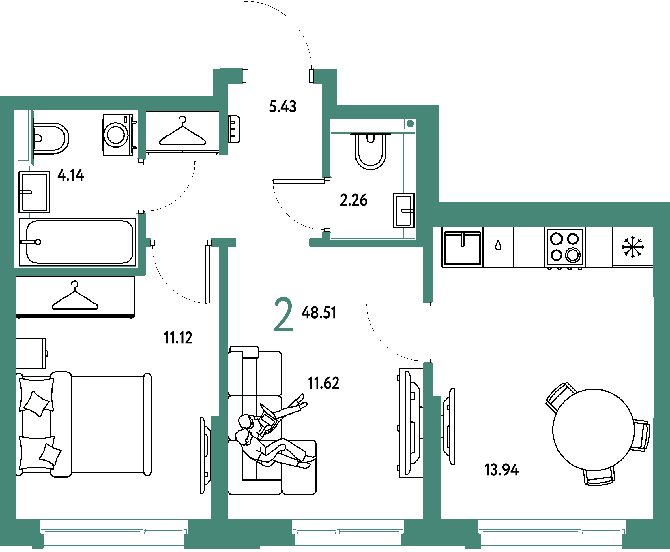 Планировка: 2-комнатная 48,51 м² в ЖК «Страна.Прибрежная»