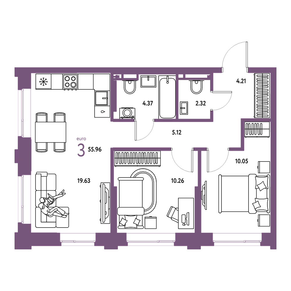Планировка: Евротрёшка 55,96 м²