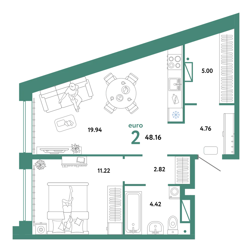 Планировка: Евродвушка 48,16 м²