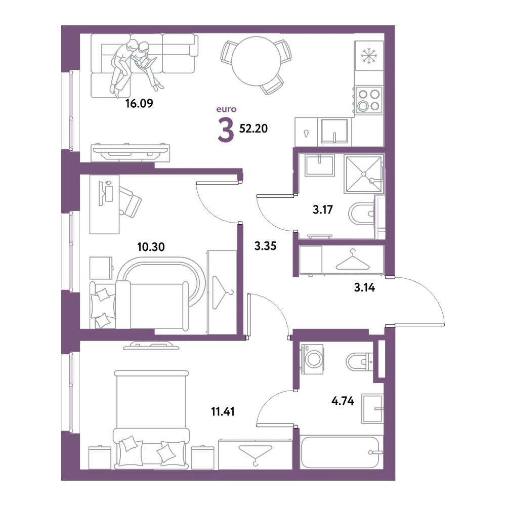Планировка: Евротрёшка 52,2 м²