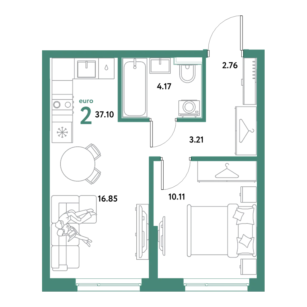 Планировка: Евродвушка 37,1 м²