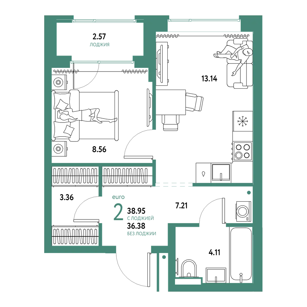 Планировка: Евродвушка 38,95 м²