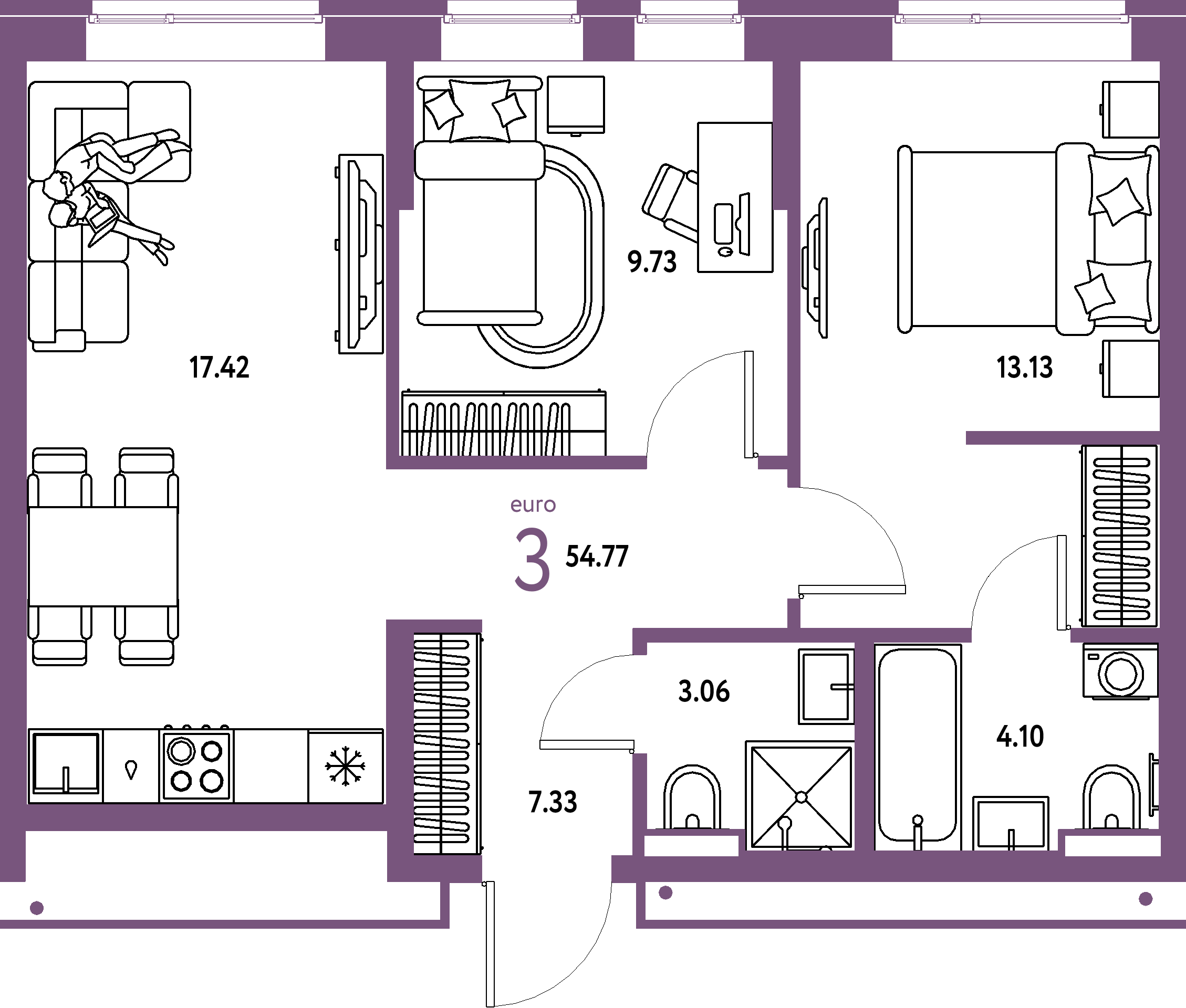 Планировка: Евротрёшка 54,77 м² в ЖК «Домашний»