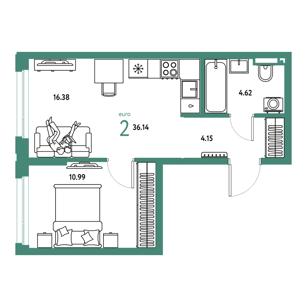 Планировка: Евродвушка 36,14 м²