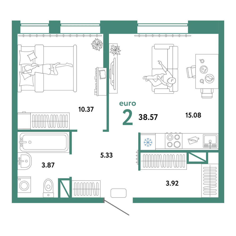 Планировка: Евродвушка 38,57 м²