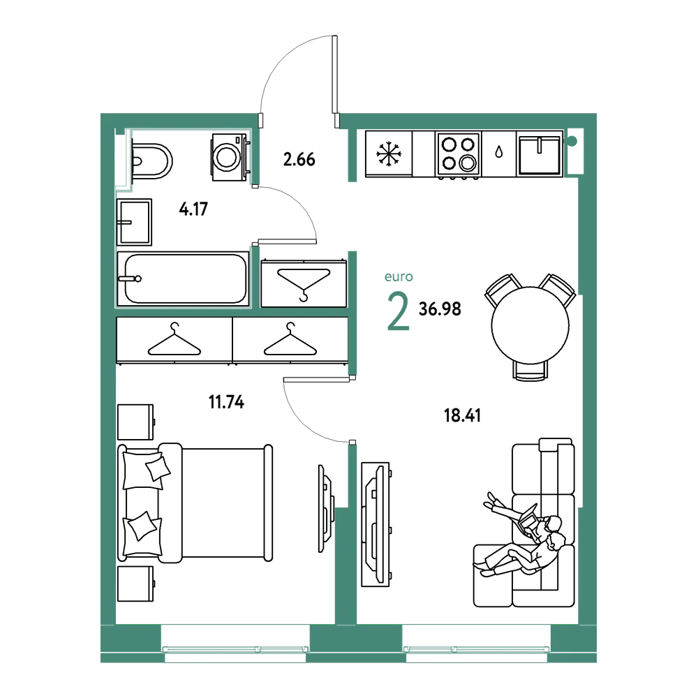Планировка: Евродвушка 36,98 м²