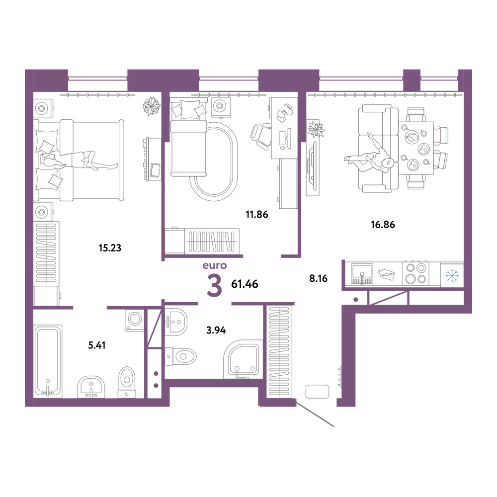 Планировка: Евротрёшка 61,46 м²