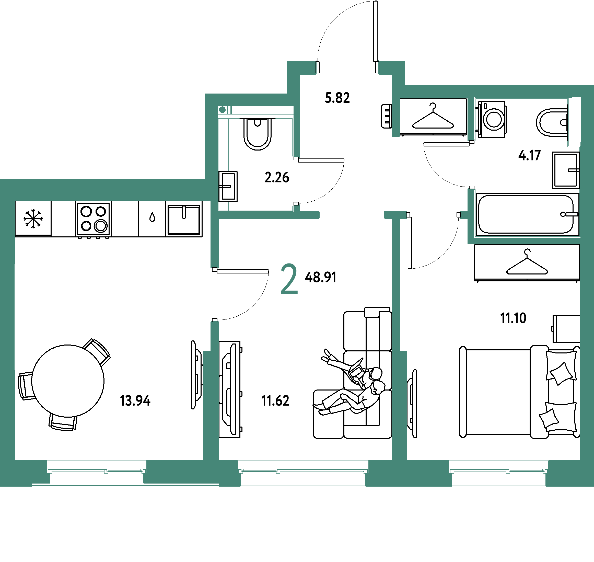 Планировка: 2-комнатная 48,91 м² в ЖК «Страна.Прибрежная»