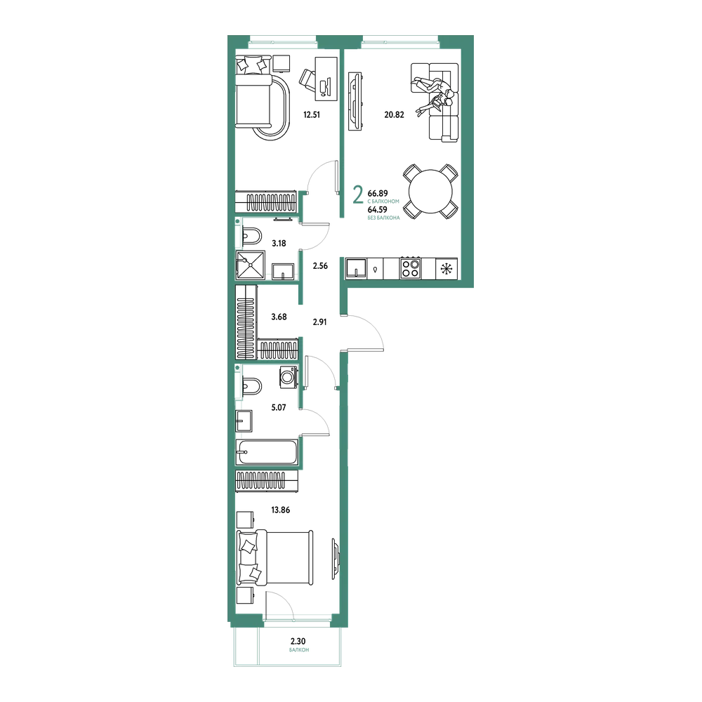 Планировка: 2-комнатная 66,89 м²