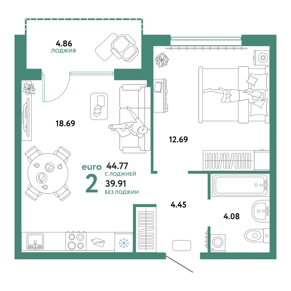 Планировка: Евродвушка 44,93 м²