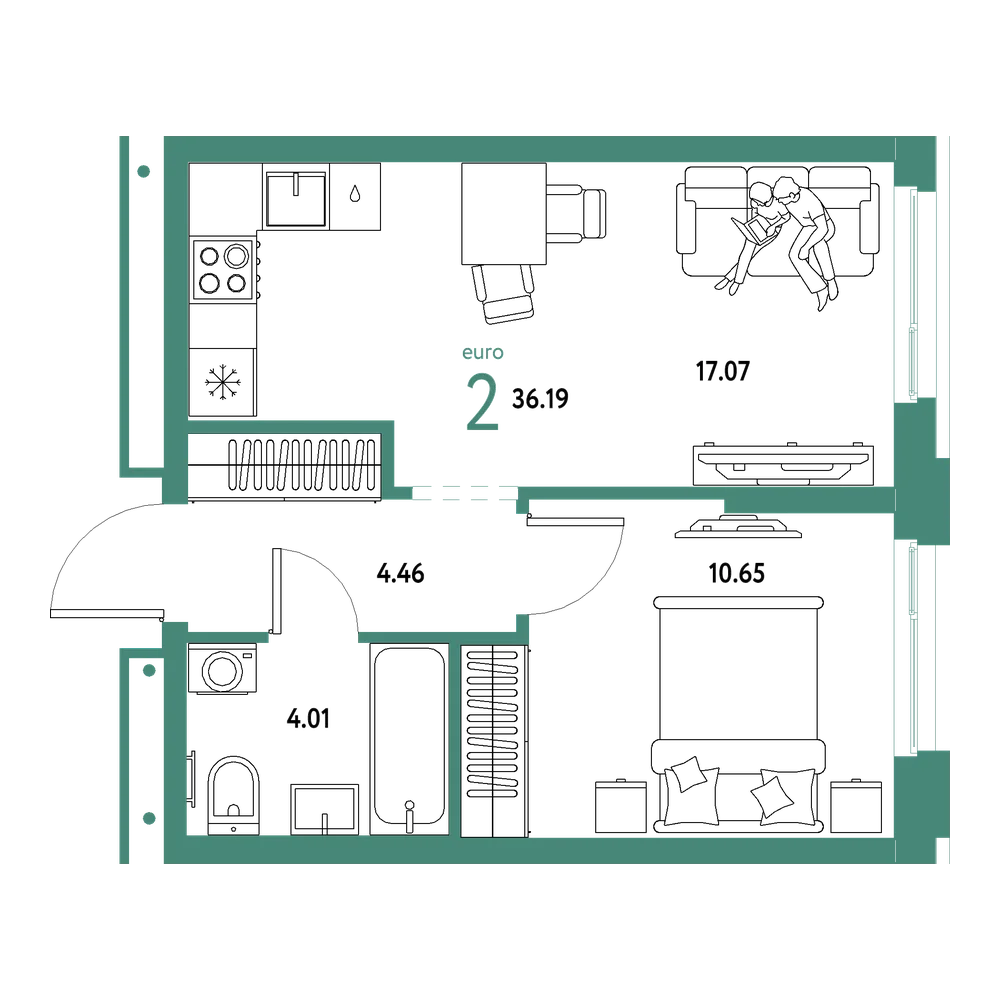 Планировка: Евродвушка 36,19 м²