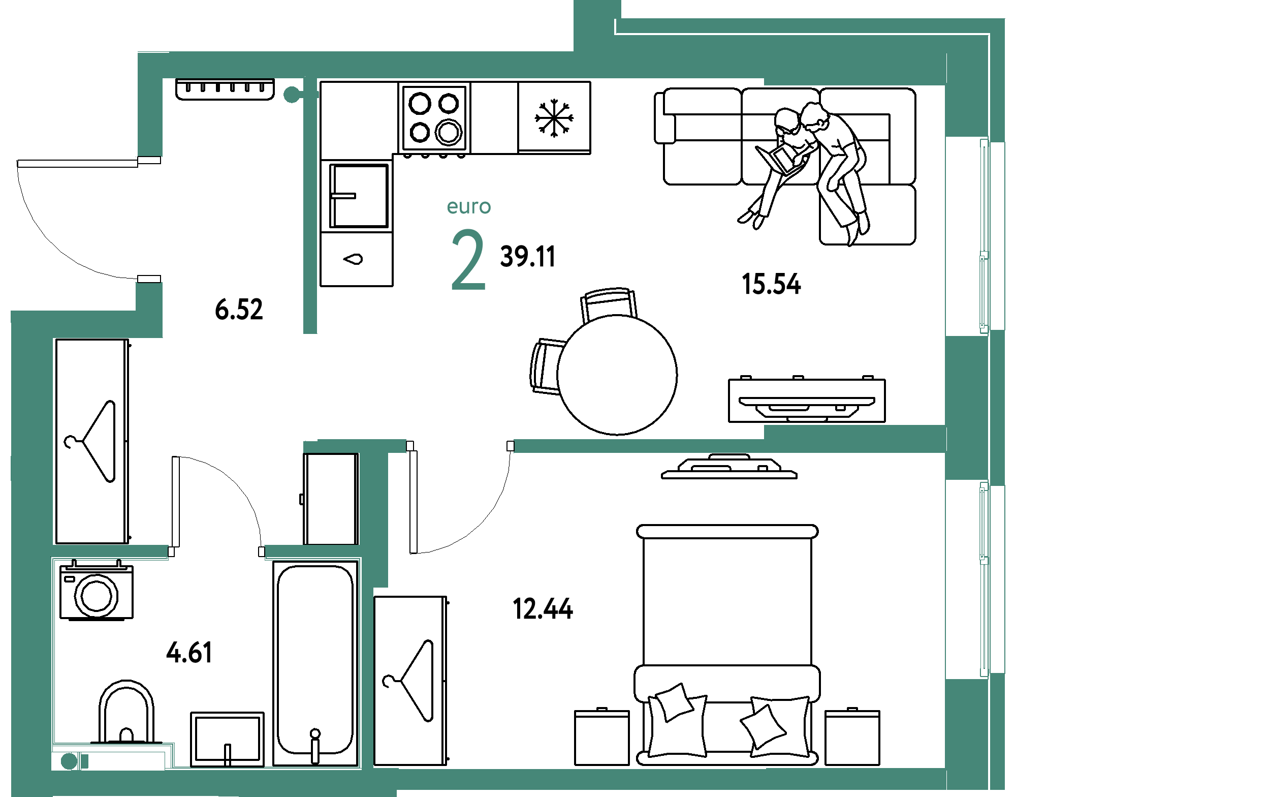 Планировка: Евродвушка 39,11 м² в ЖК «Европейский берег 2.0»