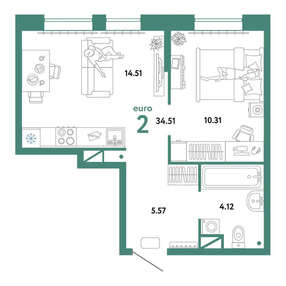 Планировка: Евродвушка 34,51 м²