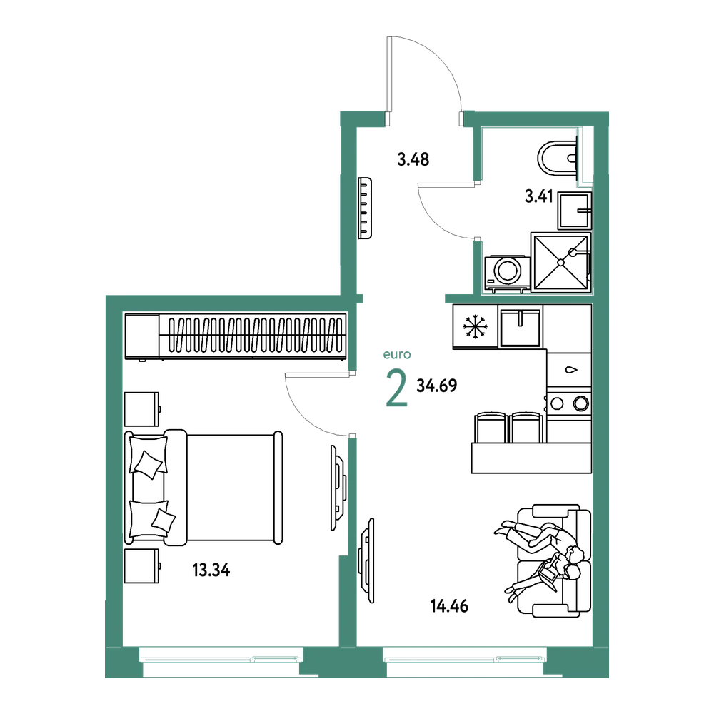 Планировка: Евродвушка 34,69 м²