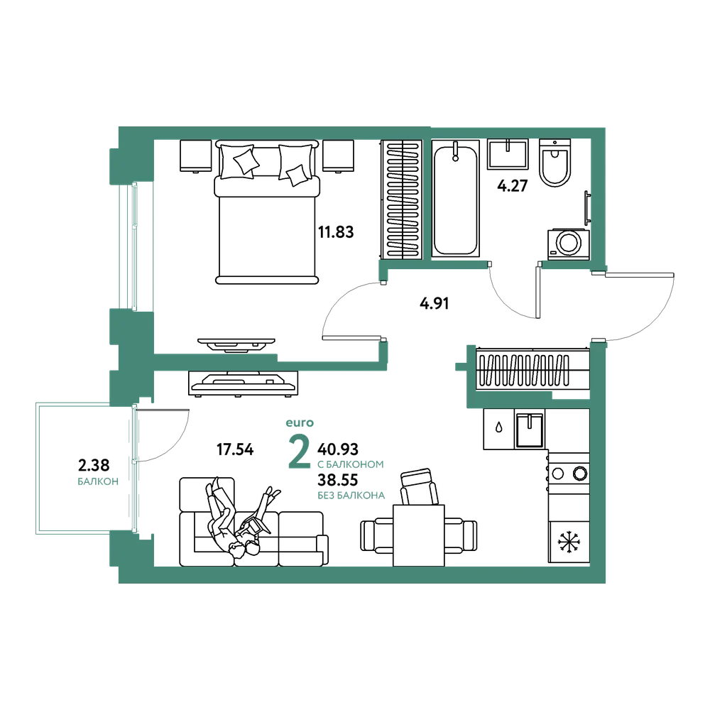 Планировка: Евродвушка 40,93 м²
