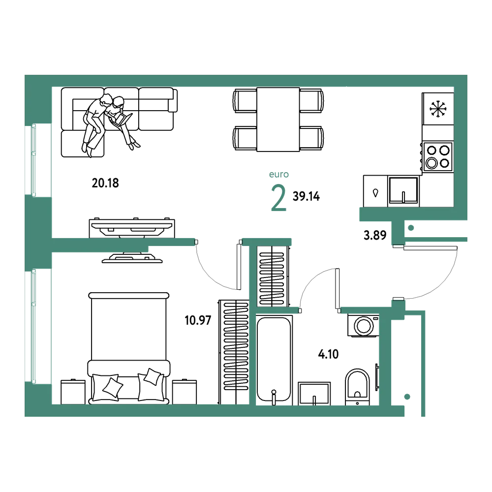 Планировка: Евродвушка 39,14 м²