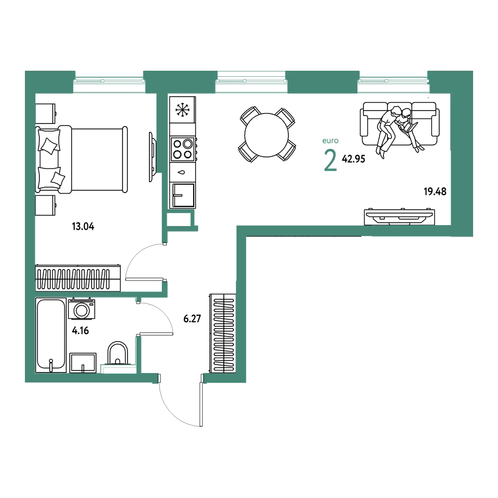 Планировка: Евродвушка 42,97 м²