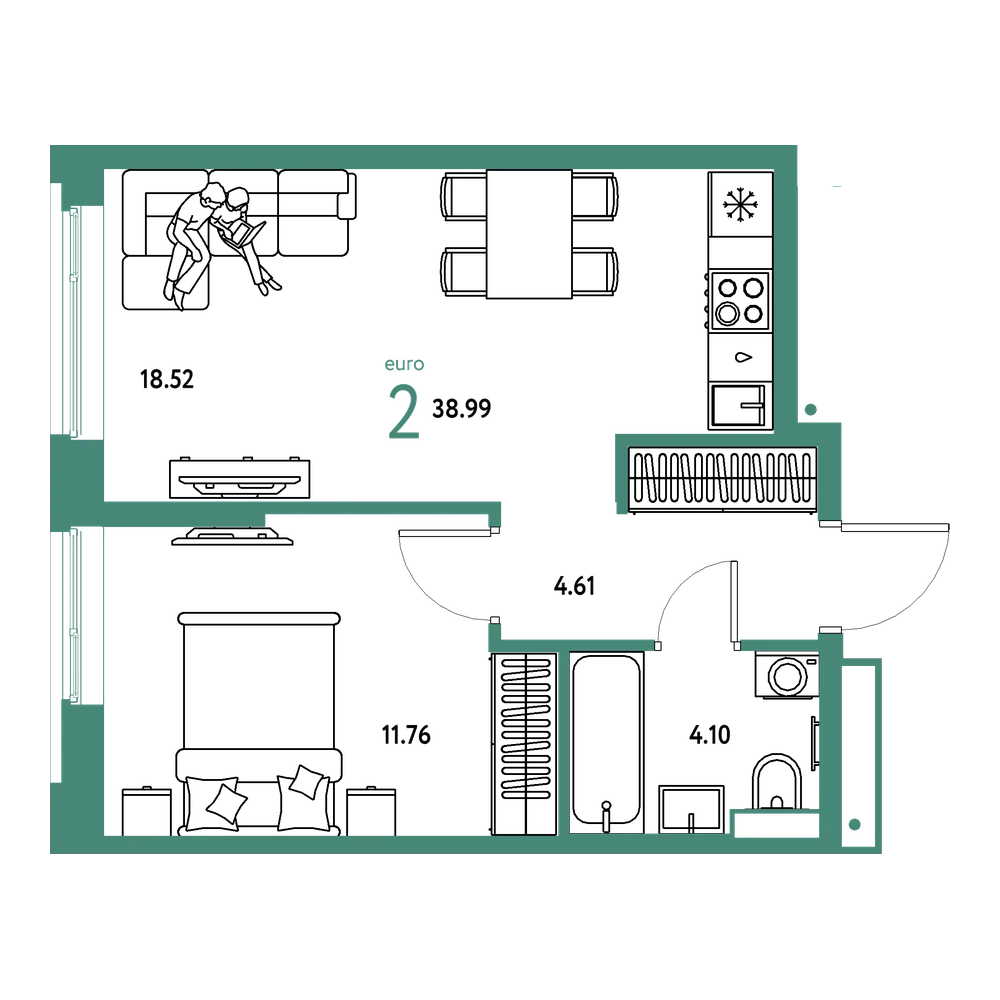 Планировка: Евродвушка 38,99 м²