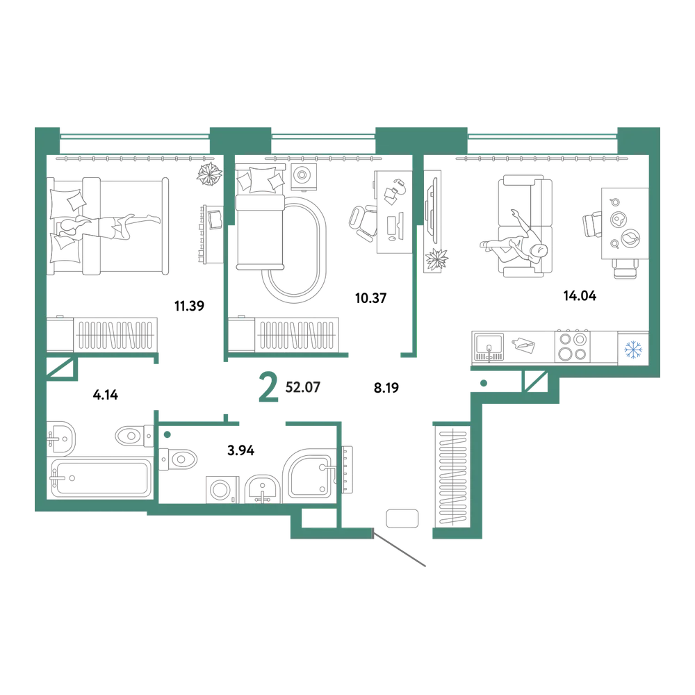 Планировка: 2-комнатная 52,07 м²