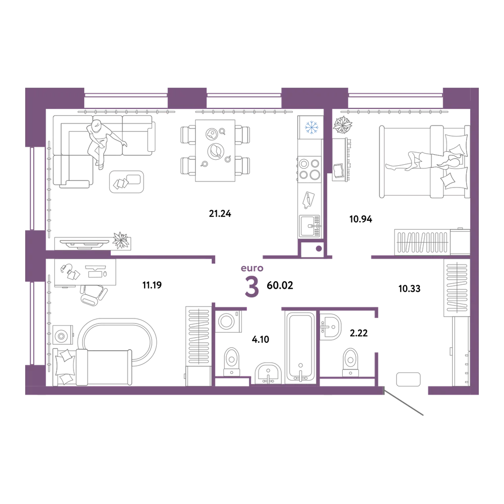 Планировка: Евротрёшка 60,02 м²