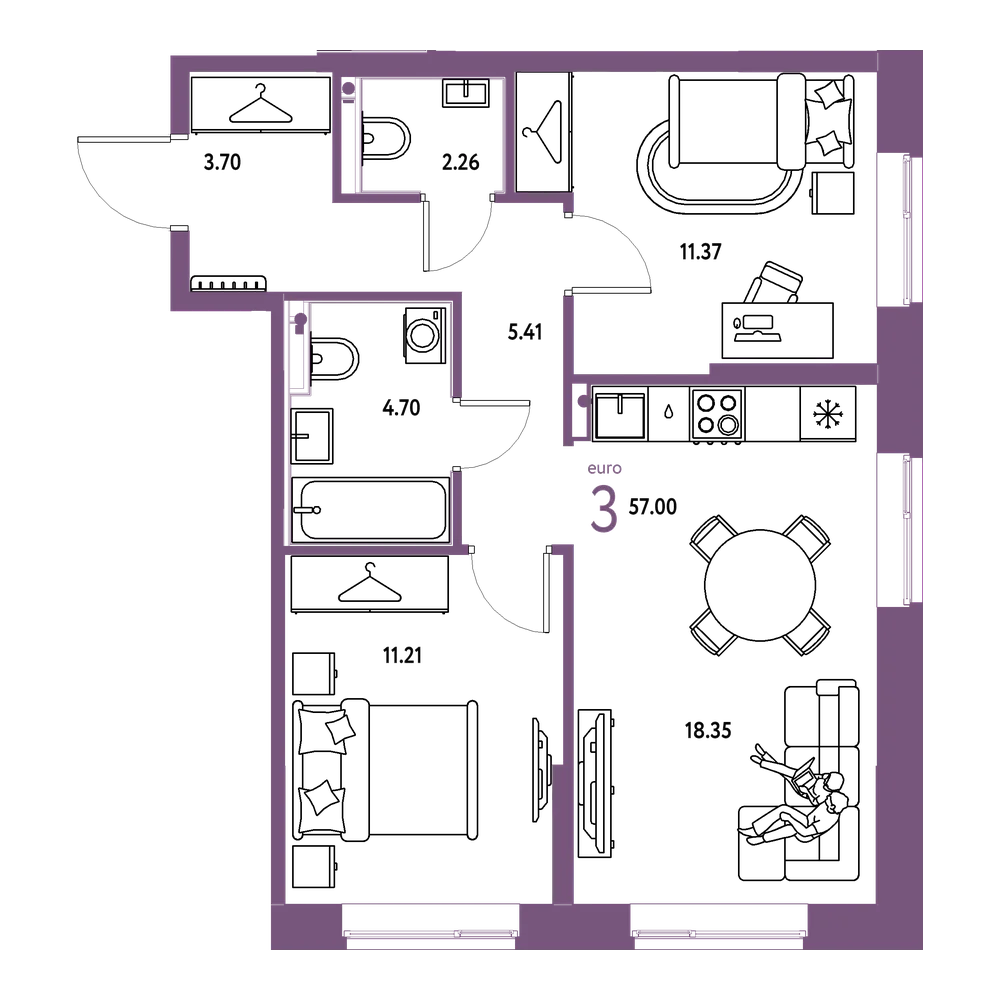 Планировка: Евротрёшка 57 м²