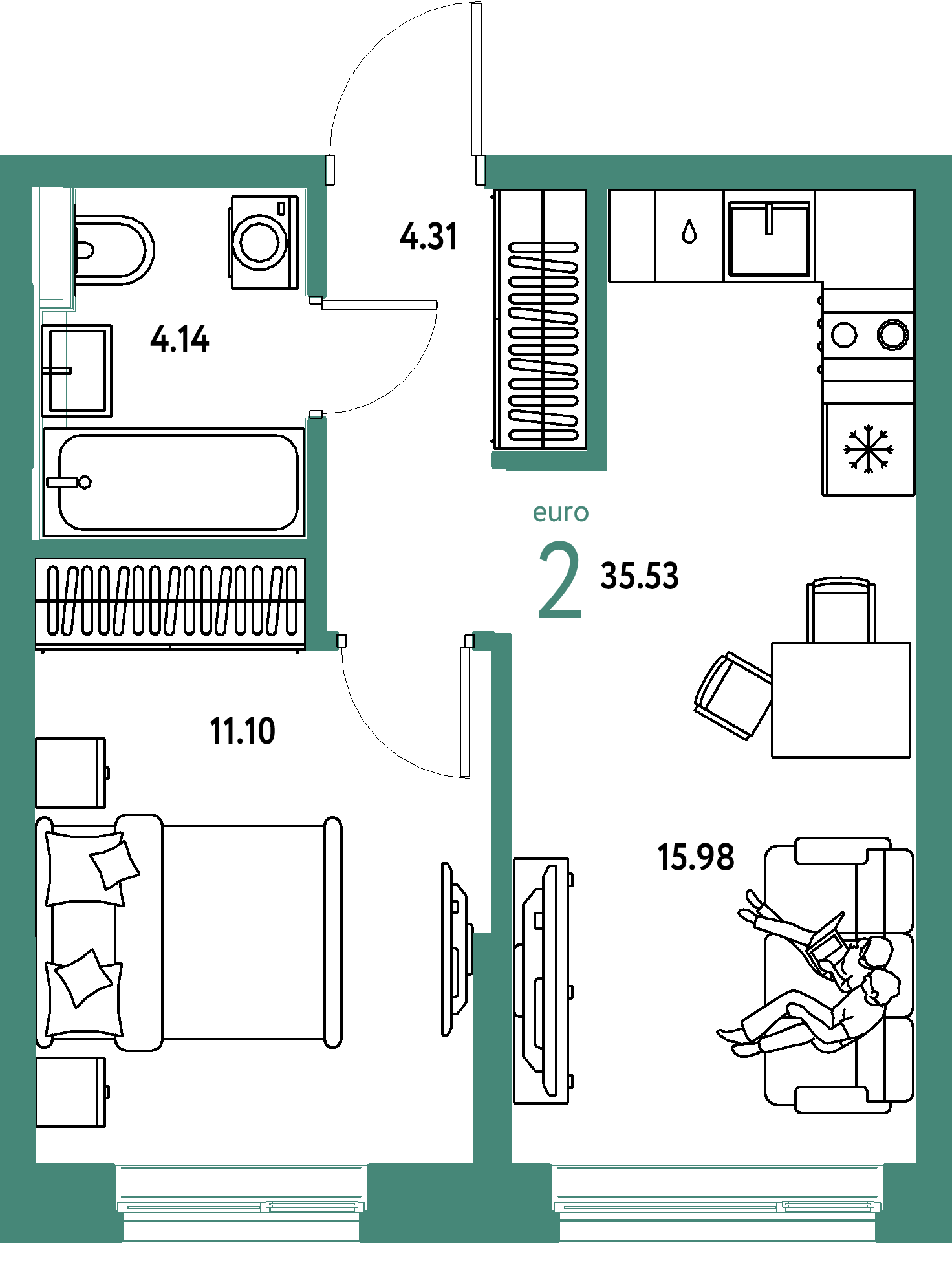Планировка: Евродвушка 35,53 м² в ЖК «Остров-сад»