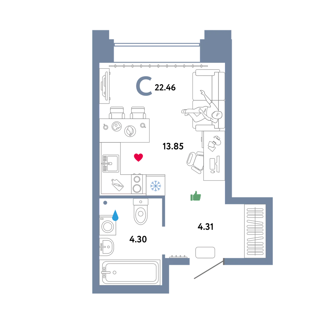 Планировка: Студия 22,46 м²