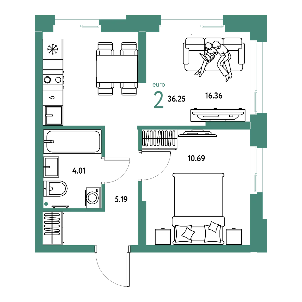 Планировка: Евродвушка 36,25 м²