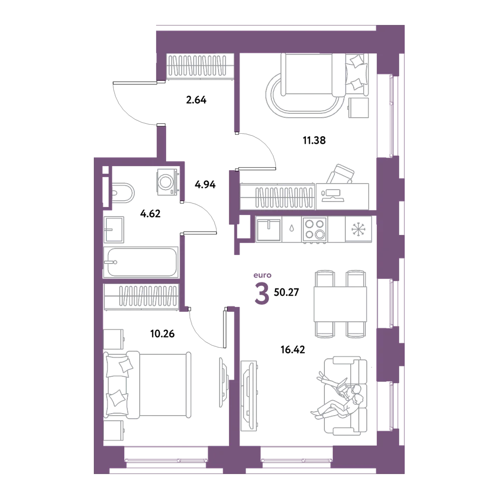 Планировка: Евротрёшка 50,27 м²
