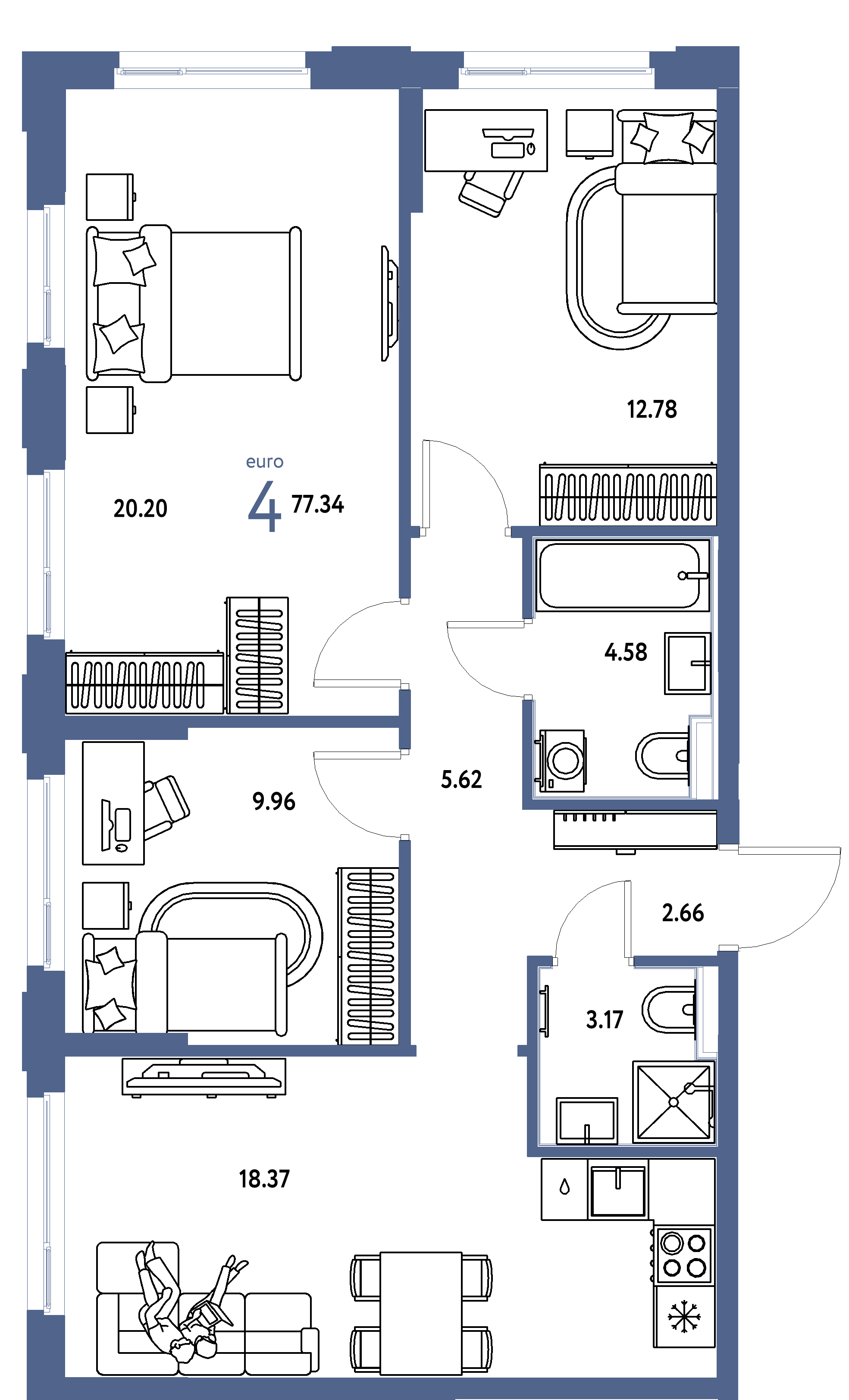 Планировка: Евро-4 77,34 м² в ЖК «Сердце Сибири»