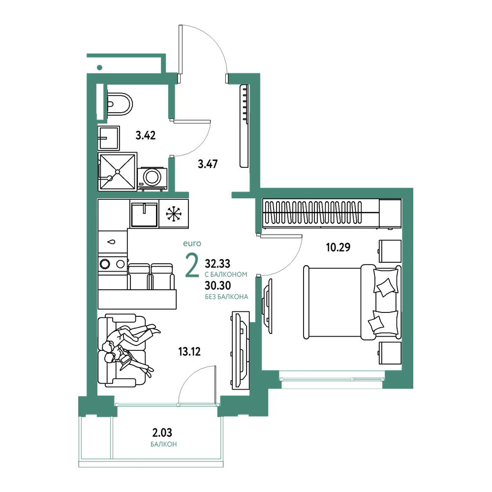 Планировка: Евродвушка 32,33 м²