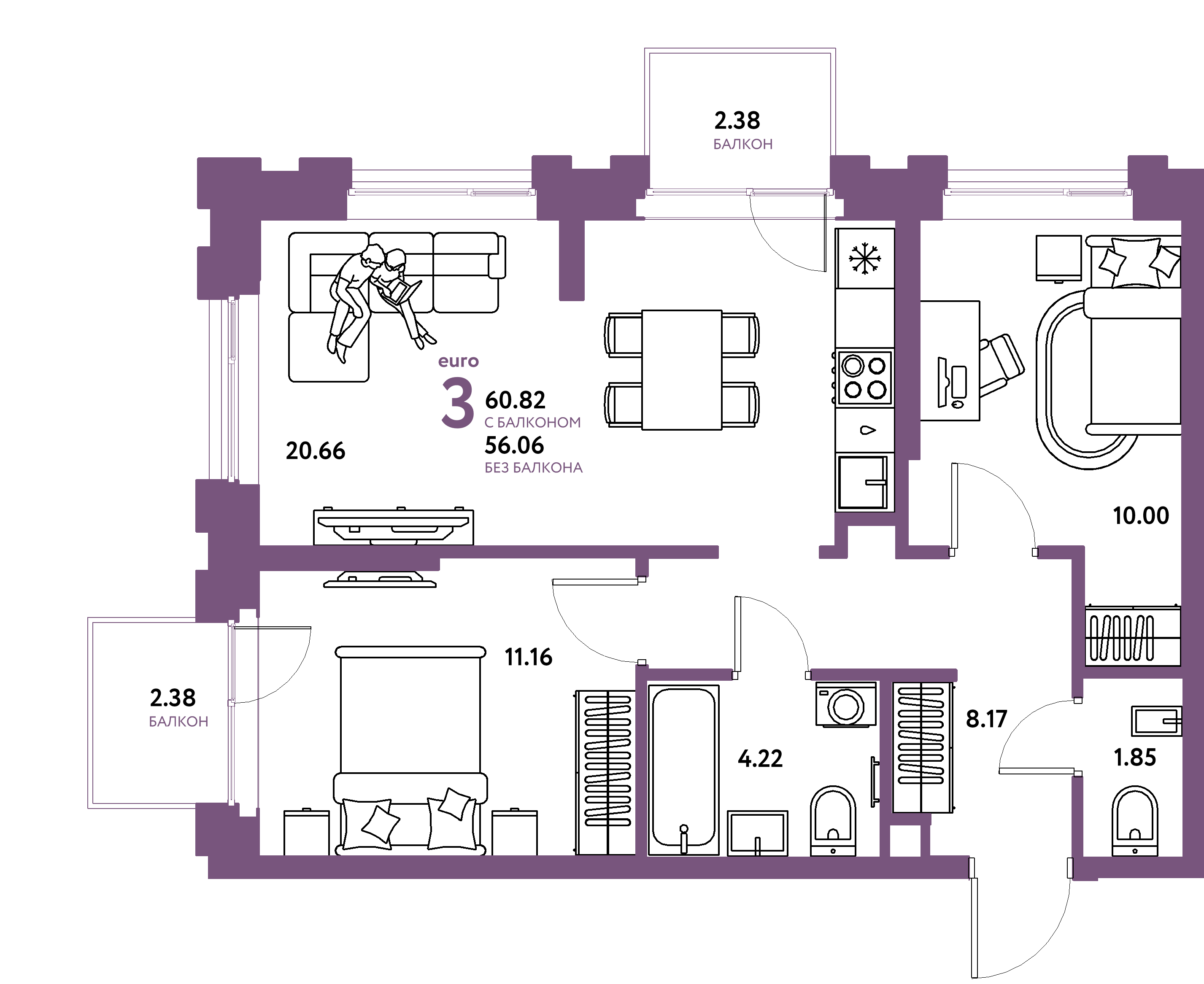 Планировка: Евротрёшка 60,82 м² в ЖК «Европейский берег 2.0»