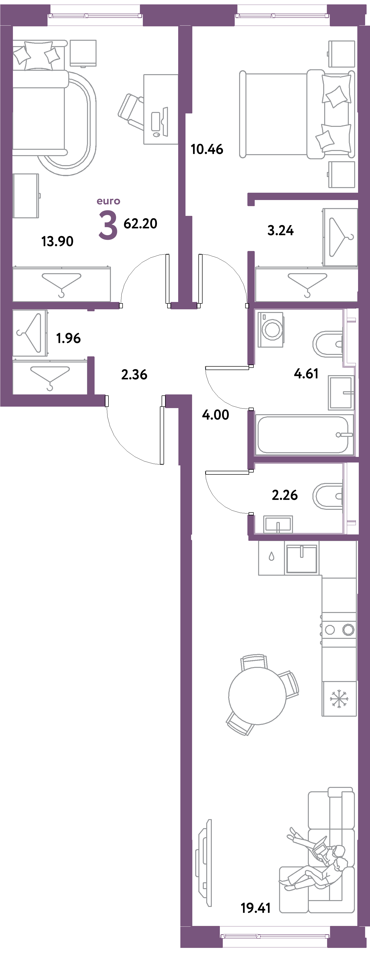 Планировка: Евротрёшка 62,2 м² в ЖК «Остров-сад»