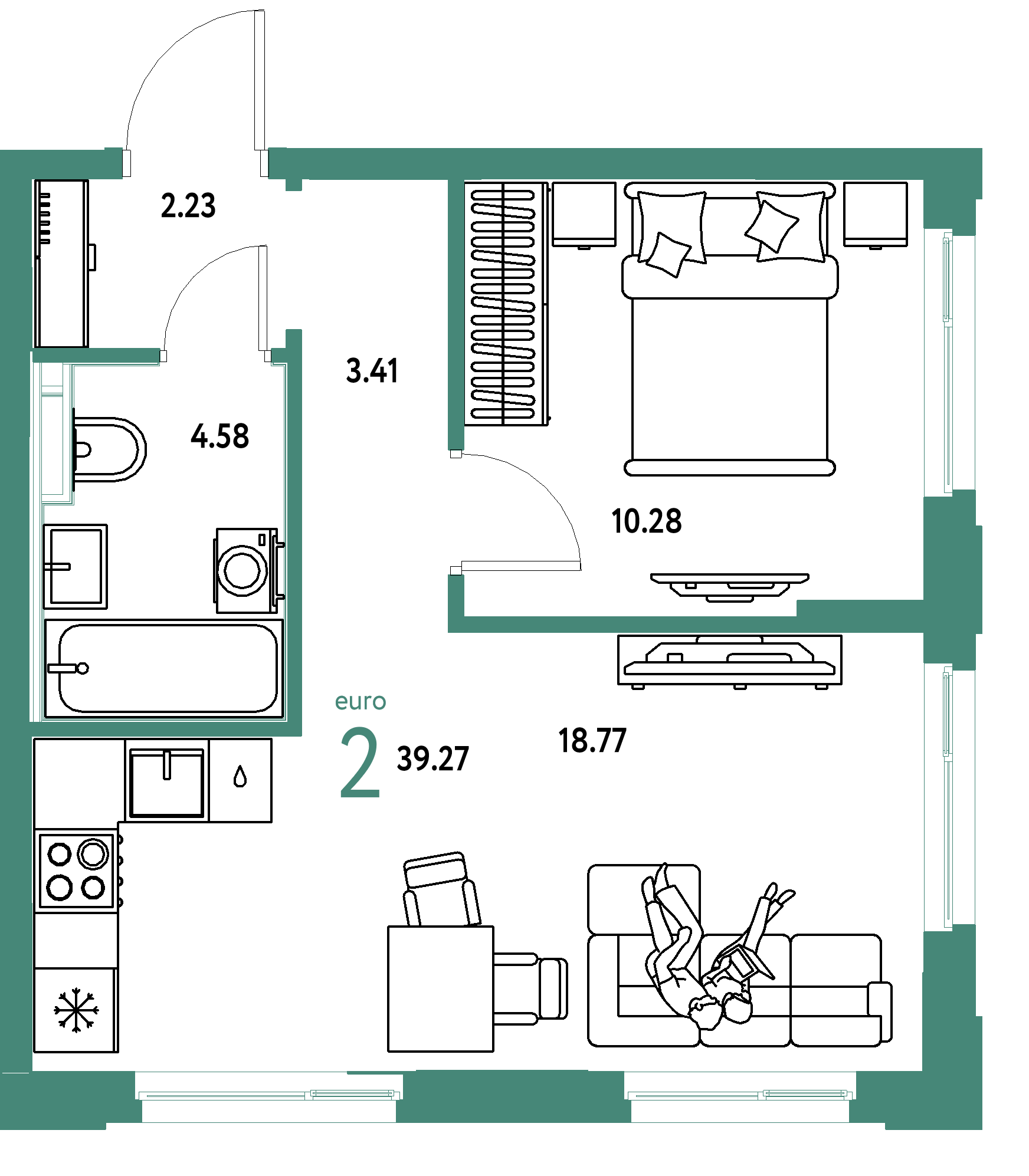 Планировка: Евродвушка 39,27 м² в ЖК «Сердце Сибири»