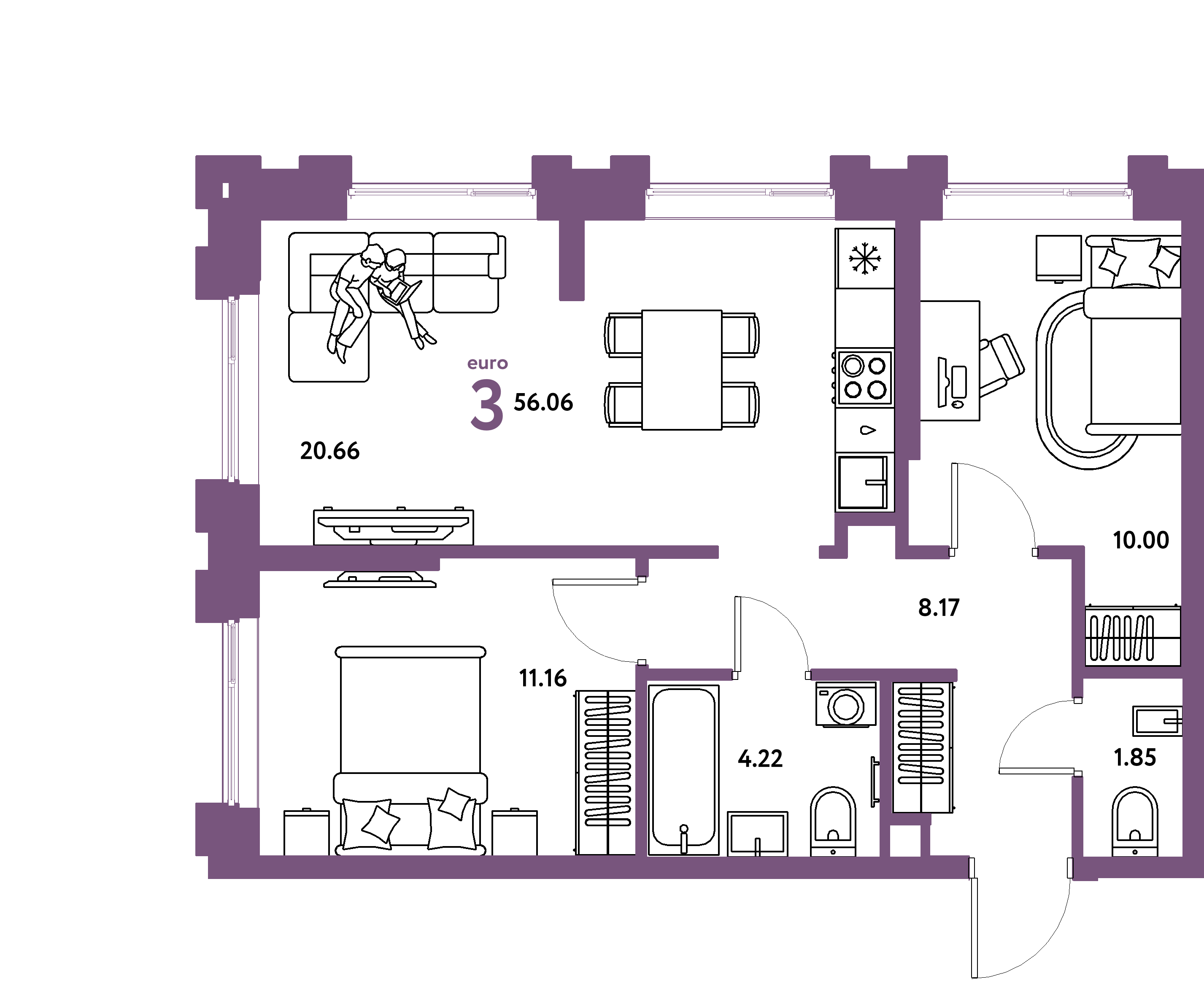 Планировка: Евротрёшка 56,06 м² в ЖК «Европейский берег 2.0»
