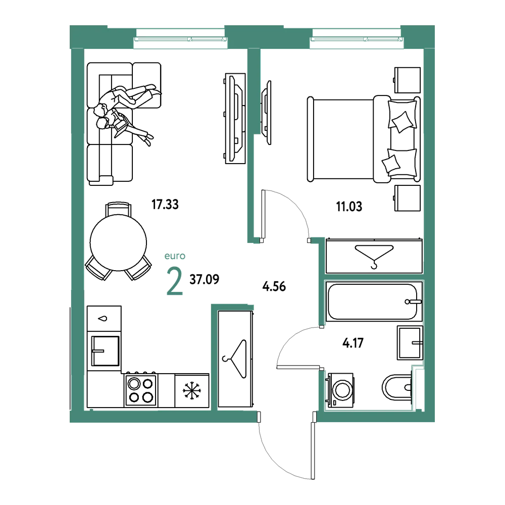 Планировка: Евродвушка 37,09 м²