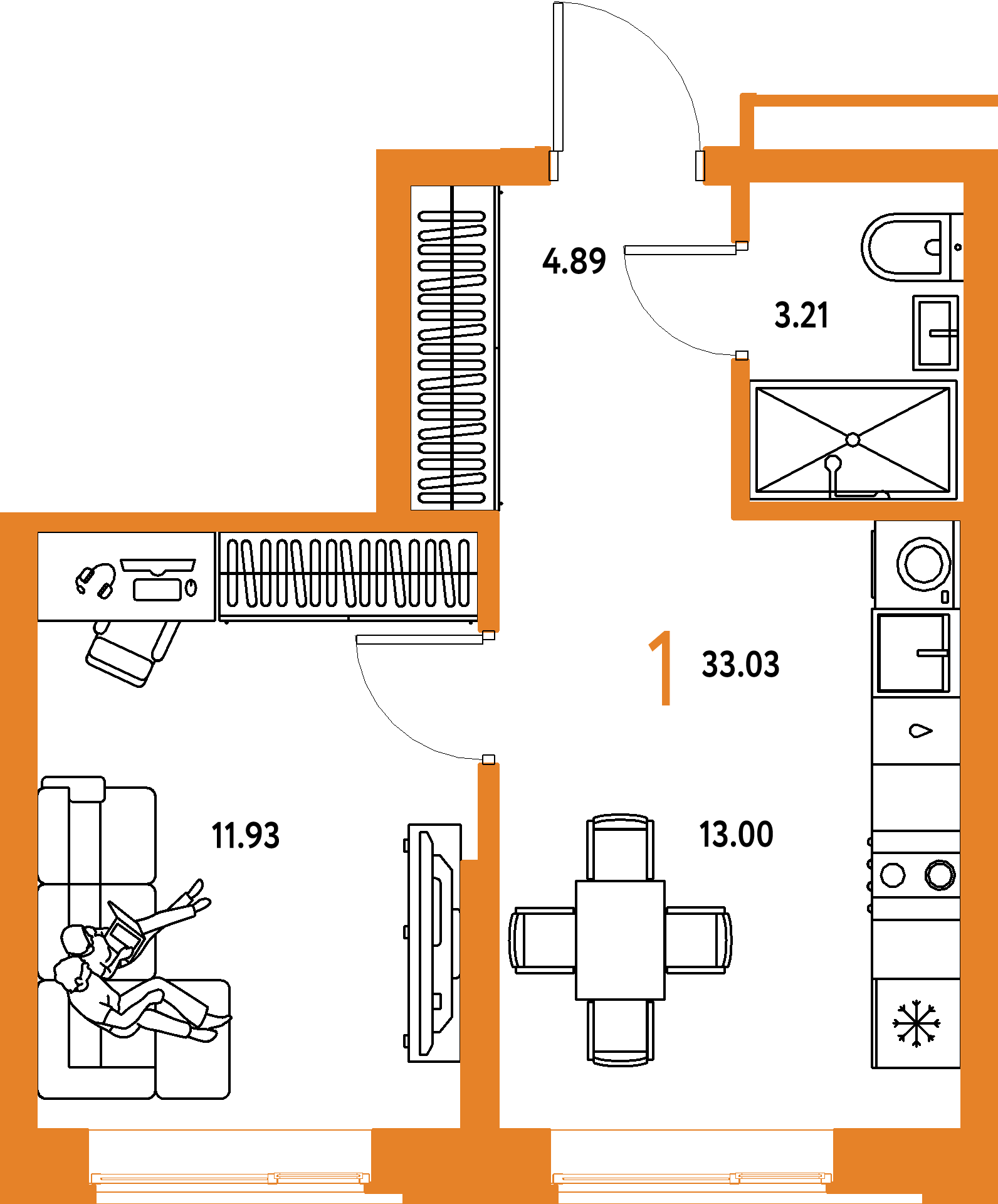 Планировка: 1-комнатная 33,03 м² в ЖК «Домашний»