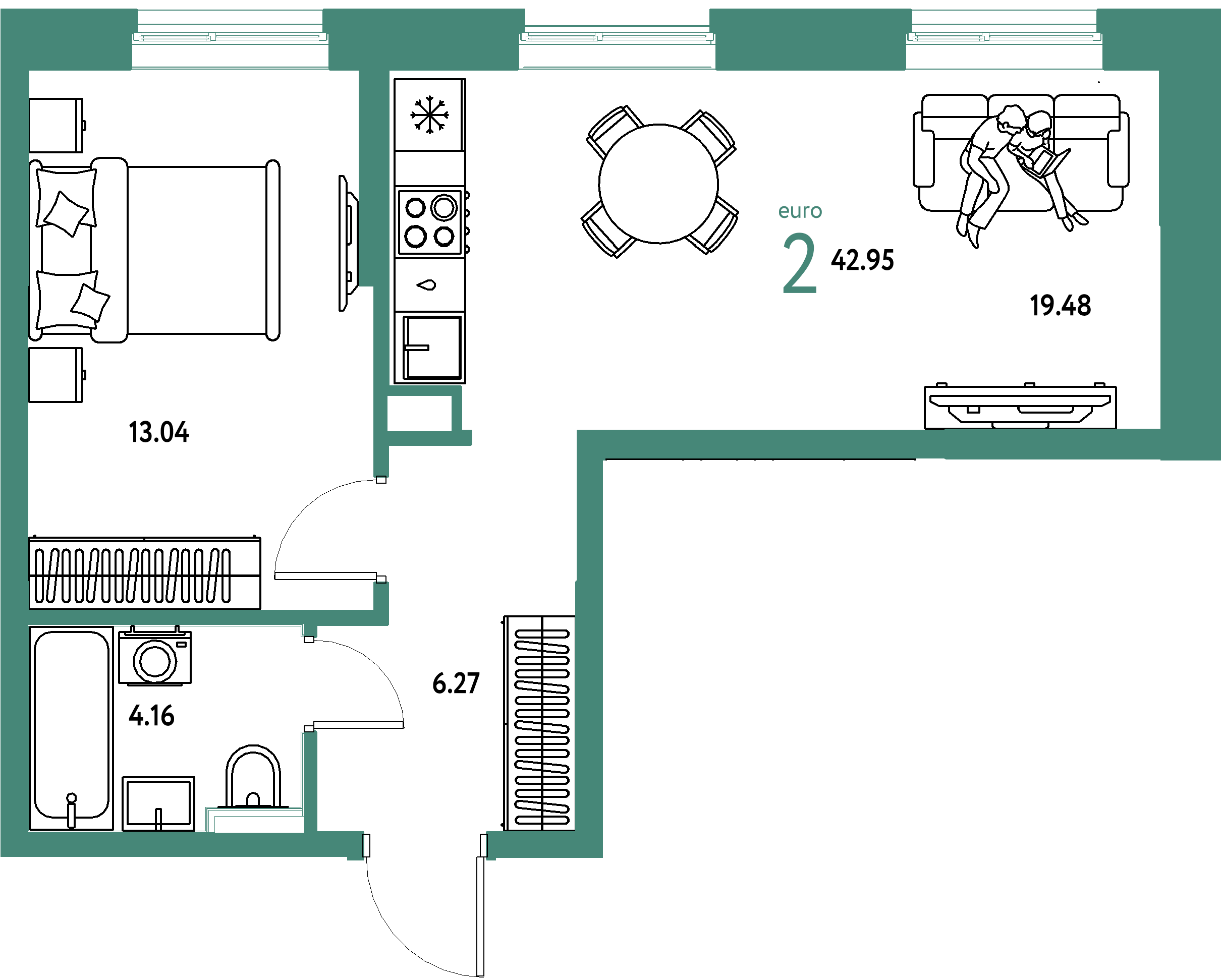 Планировка: Евродвушка 42,97 м² в ЖК «Остров-сад»
